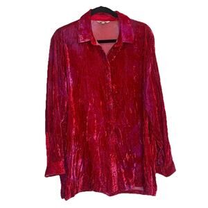 John Mark Top Size L Red Pink Long Sleeve Crushed Velvet Button Up Shirt Blouse